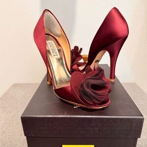 Badgley Mischka Wine Satin Peep-Toe Heels with Floral Accent